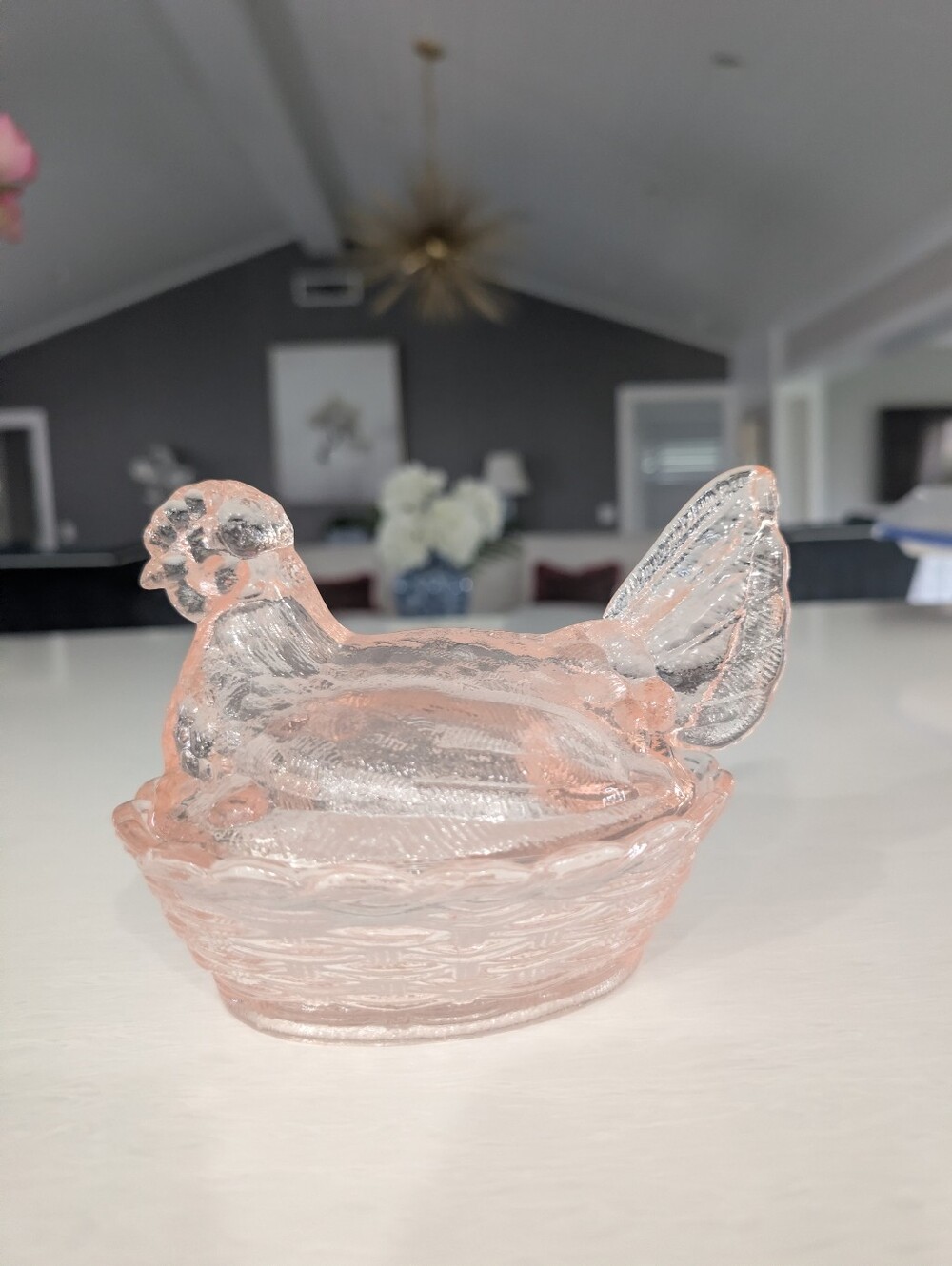 Vintage Pink Glass Hen on Nest Dish